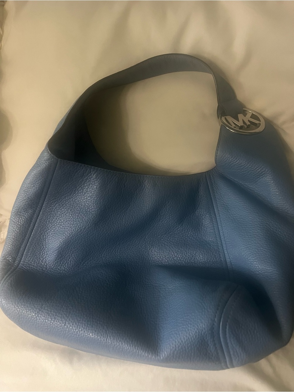 Michael Kors Blue Pebbled Leather Shoulder Hobo with MK Charm